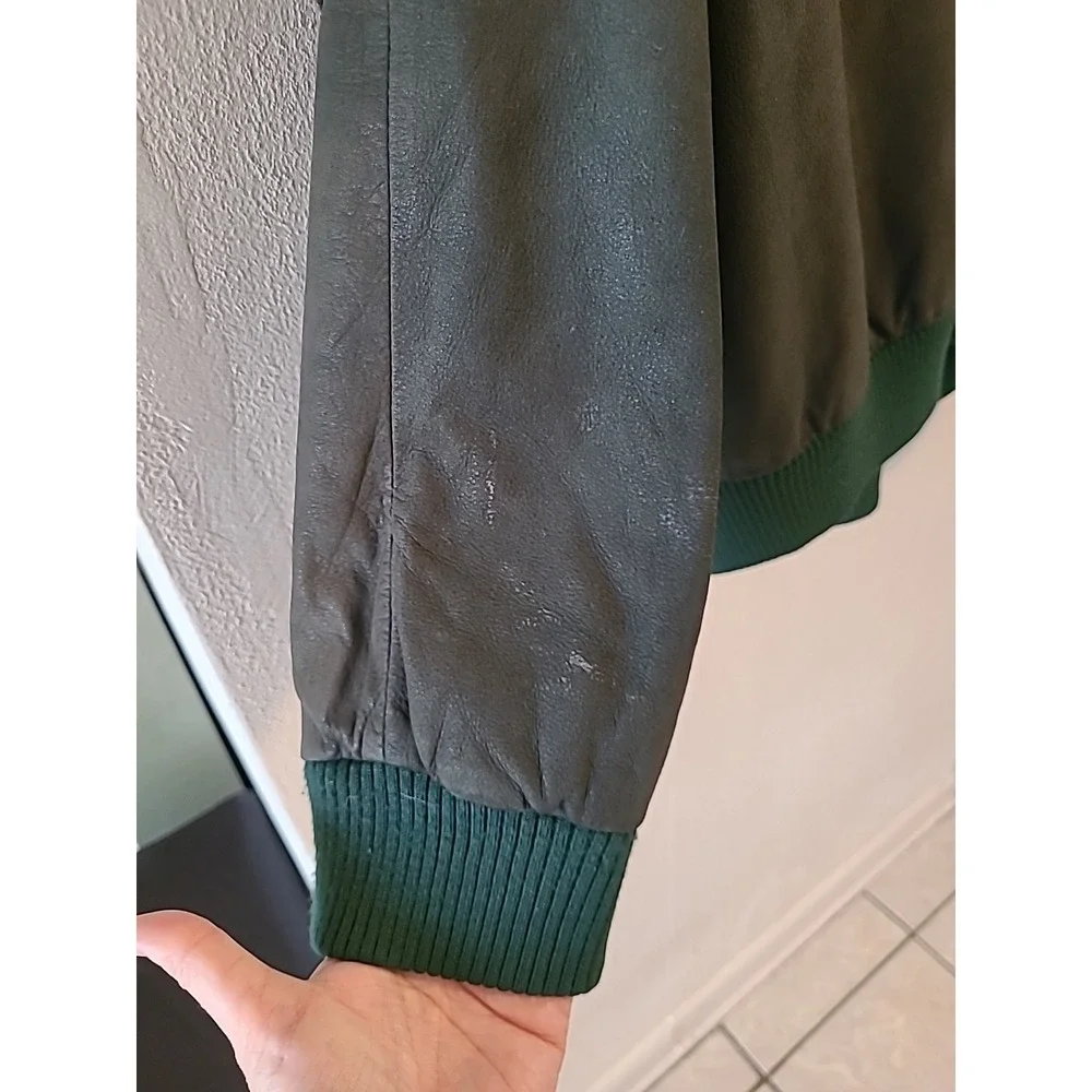 VTG Donna Pelle Men Large Green Genuine Leather Bomber Jacket Pockets Zipper